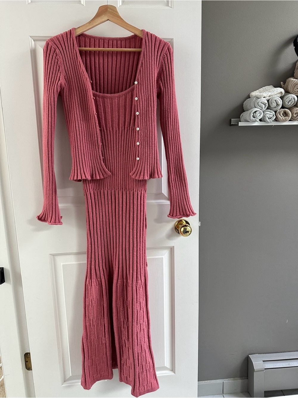 Dusty Rose Ribbed Knit Two-Piece Set - Dress & Cardigan - M
